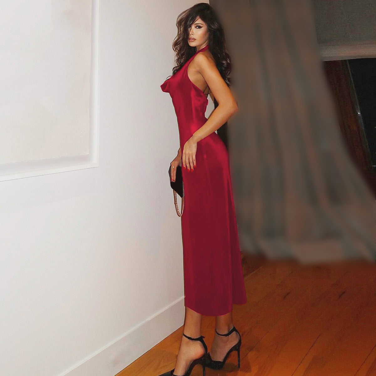 Damen Elegantes Satin-Langarmkleid mit figurbetontem Schnitt und schwingendem Rock R&B