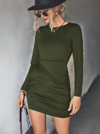 Damen Knielanges Wickelkleid mit Raffungen und langem Arm R&B