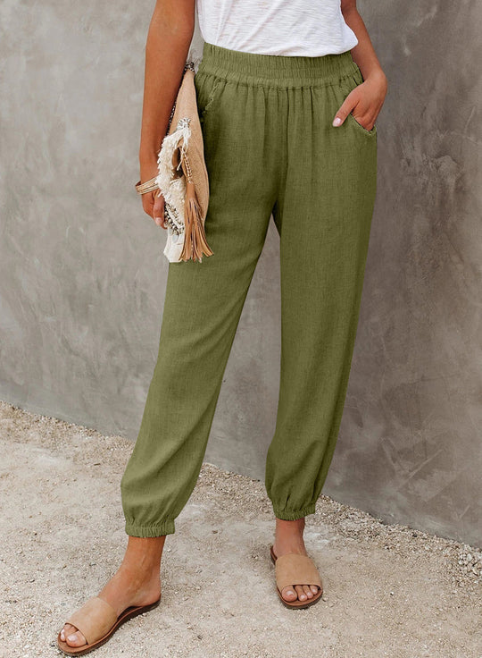 Damen lässige Leinen-Hose mit elastischem Bund und Gummizug R&B