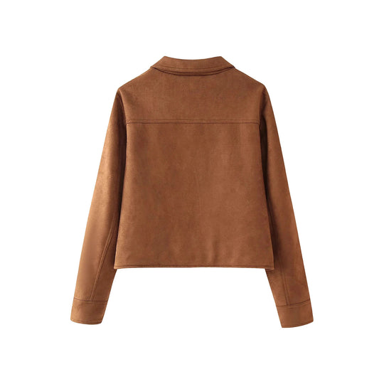 Damen modische Kurzjacke aus Wildlederimitat mit praktischen Taschen und elegantem Kragen R&B