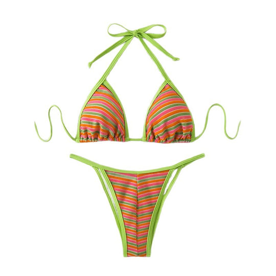 Damen Triangel-Bikini mit trendigem Streifenmuster und anpassbaren Bindebändern R&B