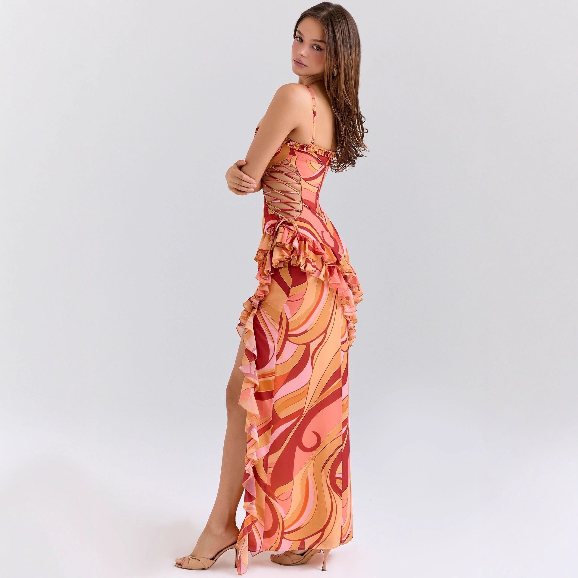 Damen Maxi-Kleid mit Rüschendetails und fließendem Muster R&B