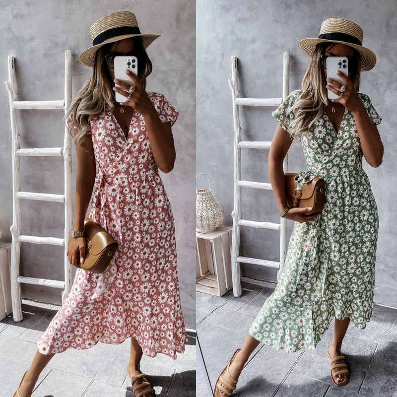 Damen florales Wickelkleid mit kurzem Ärmel und schwingendem Rock R&B