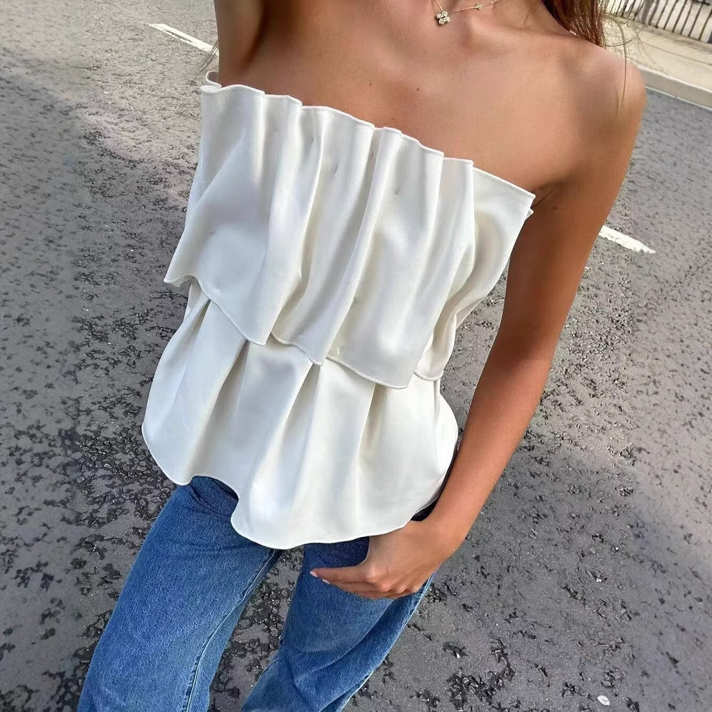 Damen ärmelloses Blusentop mit voluminösem Rüschendesign R&B