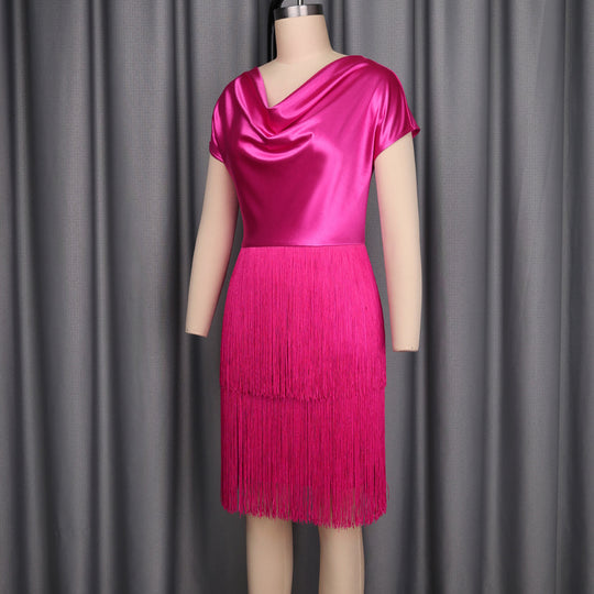 Damen schimmerndes Fransen Kleid mit eleganter Drapierung R&B
