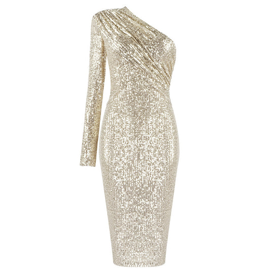 Damen Glitzerndes Etuikleid mit asymmetrischem Ausschnitt und langem Arm R&B
