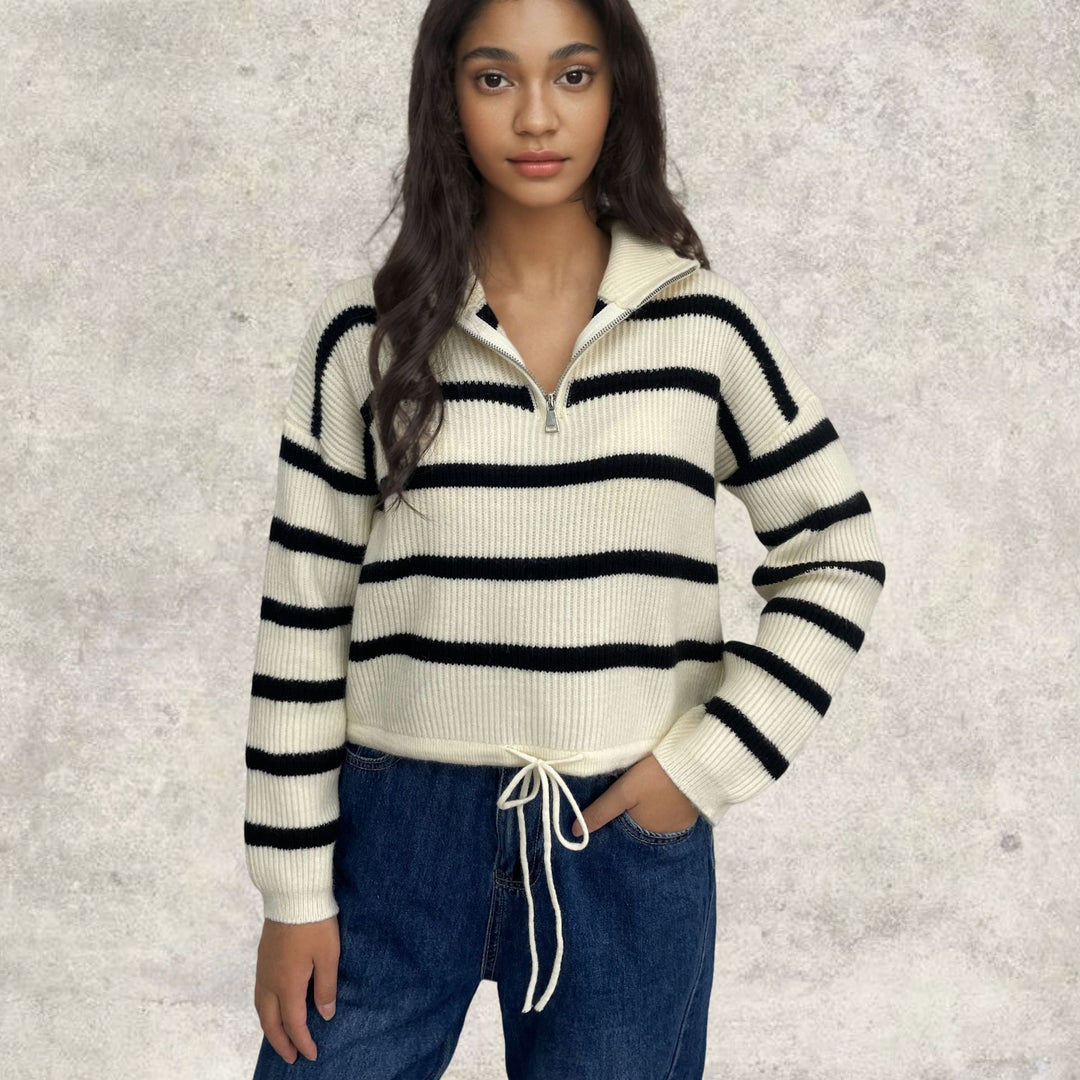 Damen Strickpullover mit halbem Reißverschluss und lässiger Übergangsstruktur R&B