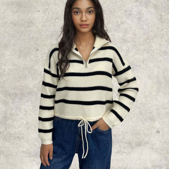 Damen Strickpullover mit halbem Reißverschluss und lässiger Übergangsstruktur R&B