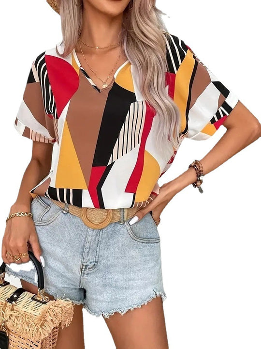 Damen V-Ausschnitt T-Shirt mit geometrischem Muster R&B