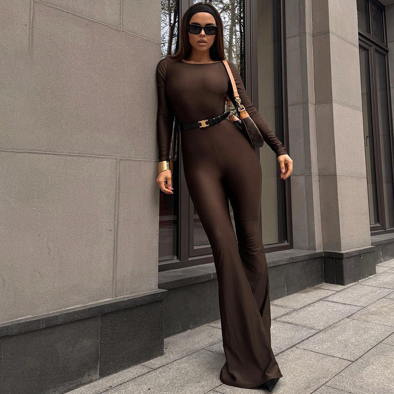 Damen Eleganter Jumpsuit mit tiefem Rückenausschnitt und weitem Bein R&B