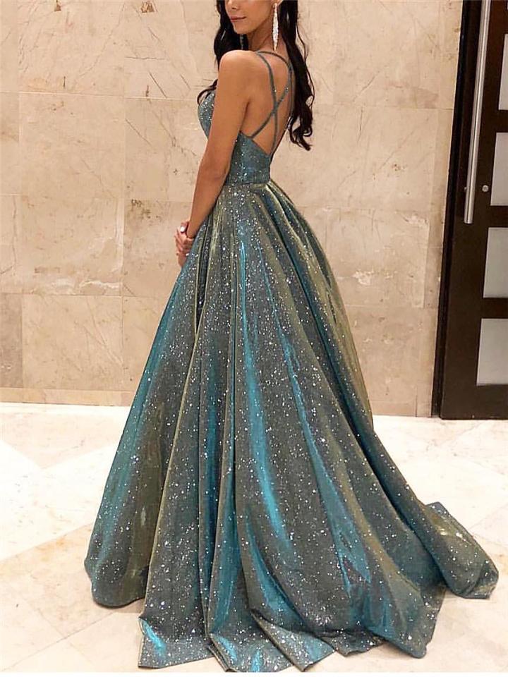R&B | Damen Spaghettiträger V-Ausschnitt A-Linie Glitzer Maxikleid