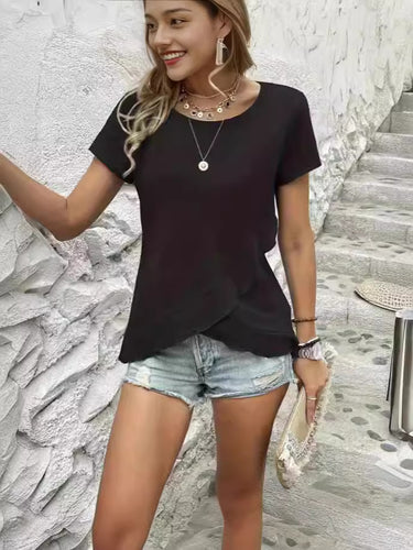 Damen lässiges asymmetrisches T-Shirt mit Rundhalsausschnitt und Raffung R&B