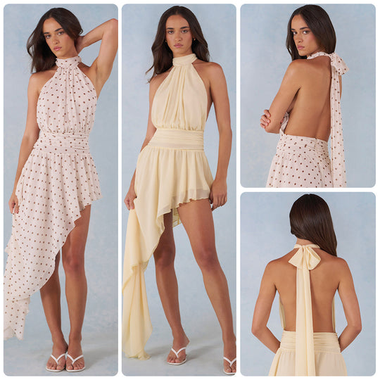 Damen Hochgeschlossenes Minikleid mit asymmetrischem Rock und fließendem Stoff R&B