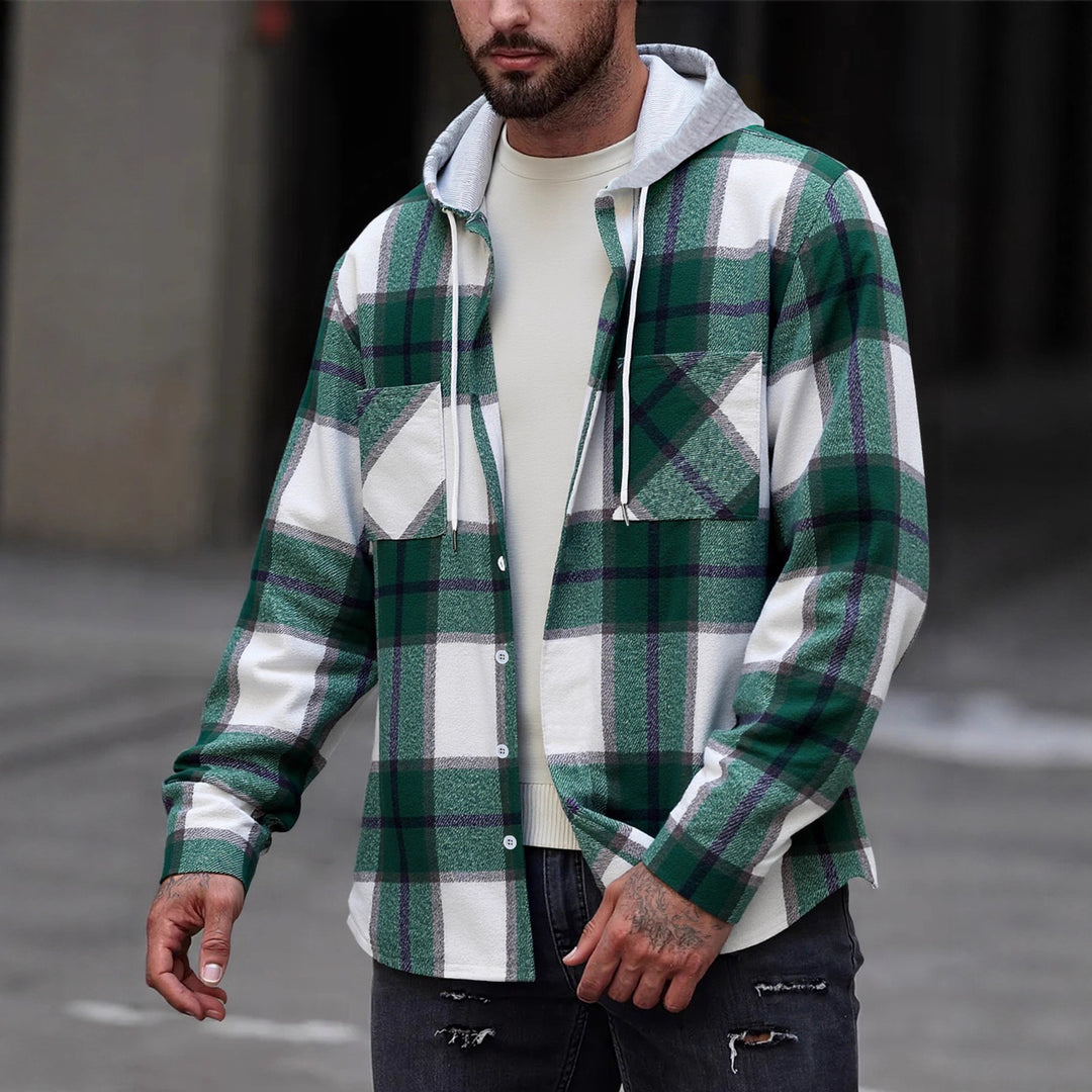 Herren Flanelljacke im lässigen Karomuster mit Kapuze und zwei Taschen R&B