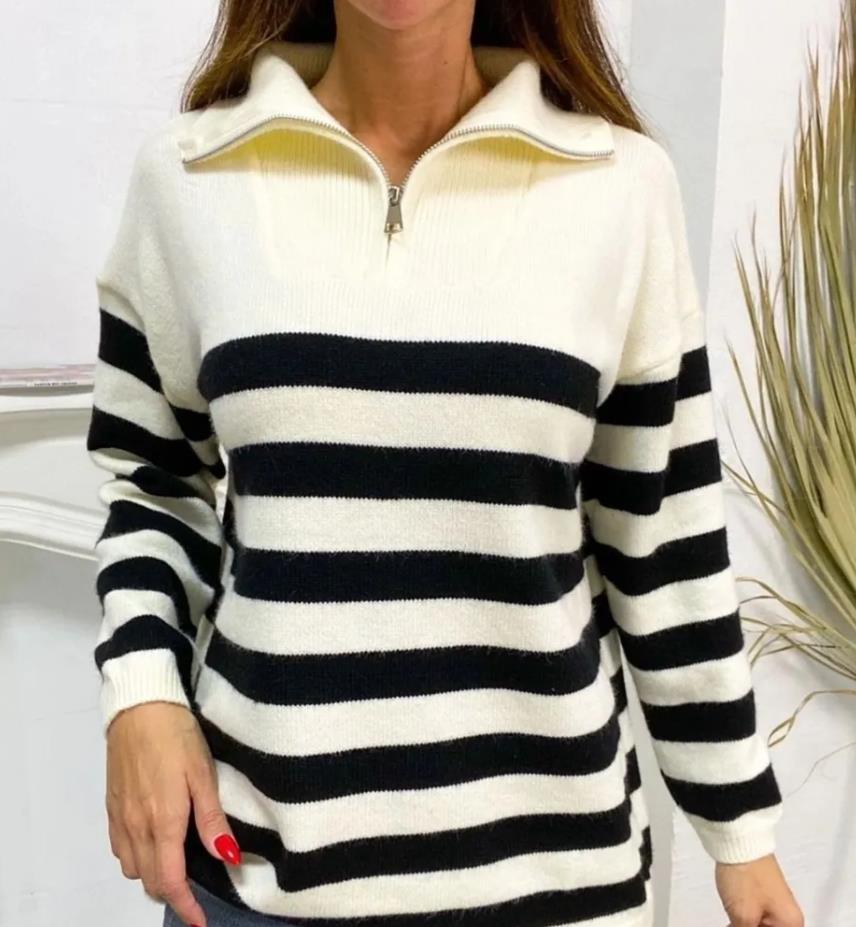 Damen gemusterter Pullover mit Stehkragen und Reißverschluss R&B