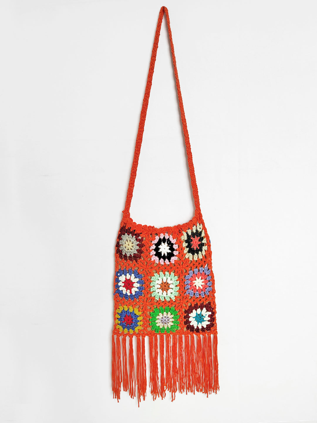 Damen gehäkelte Umhängetasche mit bunten Blumenmustern und Fransen R&B