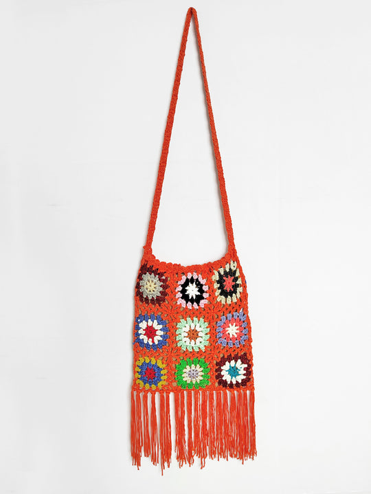Damen gehäkelte Umhängetasche mit bunten Blumenmustern und Fransen R&B