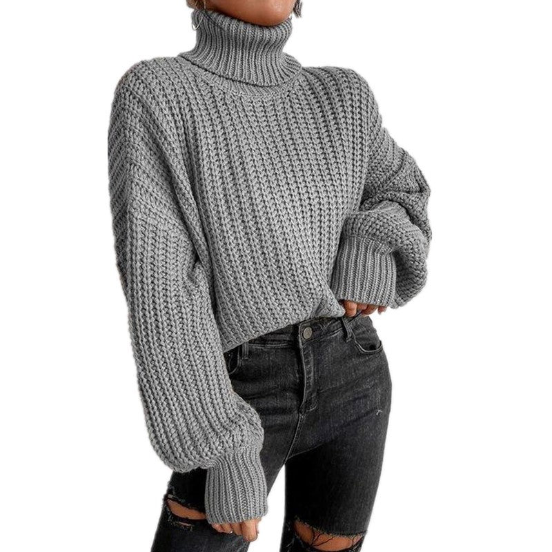 Damen Grob gestrickter Pullover mit hohem Kragen und weit ausgestellten Ärmeln R&B