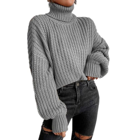 Damen Grob gestrickter Pullover mit hohem Kragen und weit ausgestellten Ärmeln R&B