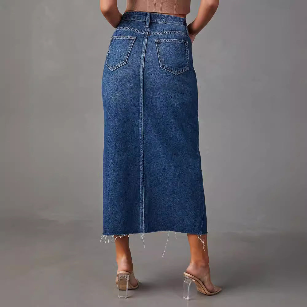 Damen Hoch geschnittene Denim-Midirock mit seitlichem Schlitz und fransigen Säumen R&B