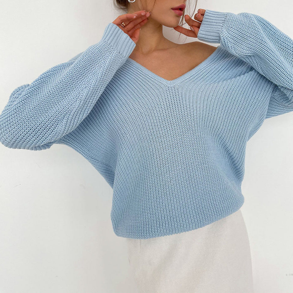 Damen eleganter V-Ausschnitt Pullover mit feiner Rippenstruktur und überschnittenen Schultern R&B