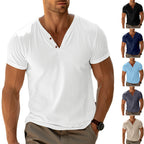 Herren nan tailliertes Henley-T-Shirt mit V-Ausschnitt kurzer Knopfleiste und krempelbaren Ärmeln R&B