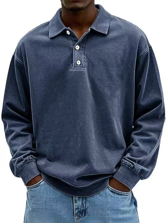 Herren nan lässiges Poloshirt-Sweatshirt mit Kragen, Vintage-Waschung und dreiteiliger Knopfleiste R&B