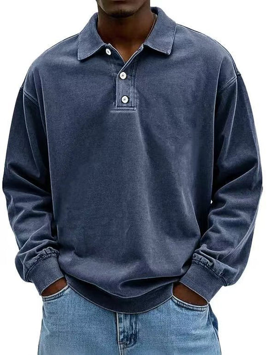 Herren nan lässiges Poloshirt-Sweatshirt mit Kragen, Vintage-Waschung und dreiteiliger Knopfleiste R&B