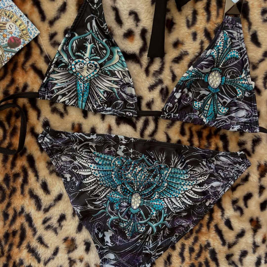 Damen Triangel-Bikini mit floralem Muster und Strass-Applikationen R&B