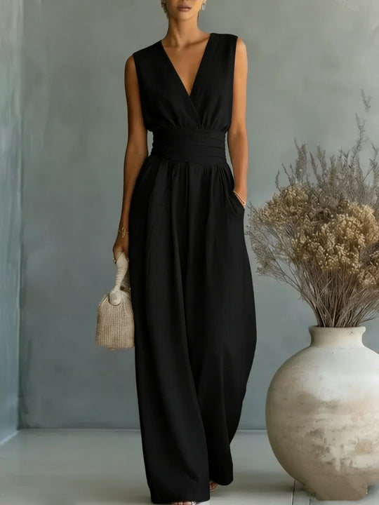 R&B | Eleganter Ärmelloser Jumpsuit mit Tiefem V-Ausschnitt, Taillenbund und Weitem Bein