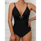 Damen Eleganter Einteiler Badeanzug mit V-Ausschnitt und Zierdetails R&B