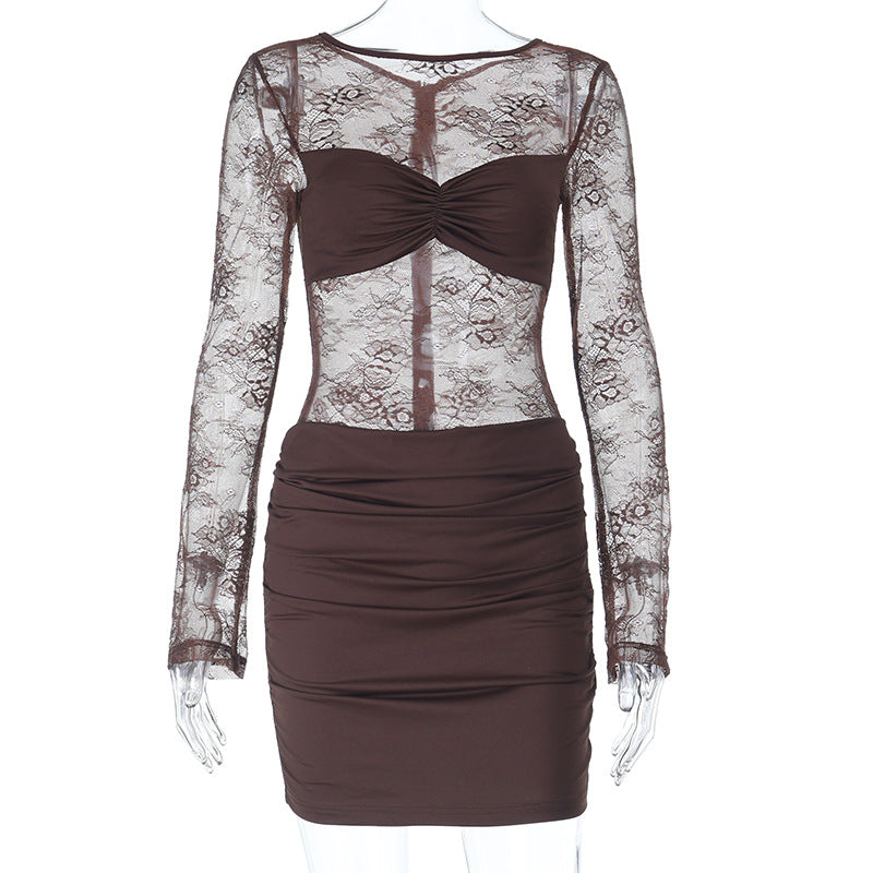 Damen Spitzenkleid mit gerafftem Rock und tiefem V-Ausschnitt R&B