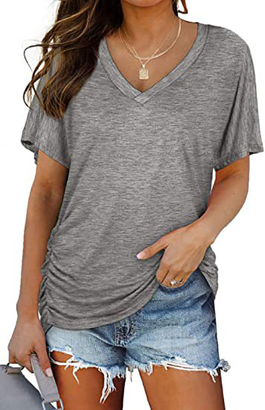 Damen V-Ausschnitt T-Shirt mit dekorativem Raffungseffekt R&B