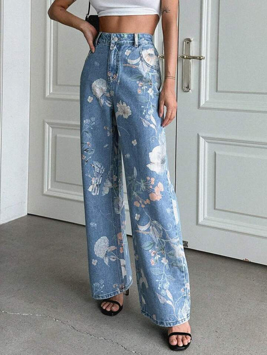 Damen Weite Denim-Hose mit floralem Muster und hohem Bund R&B