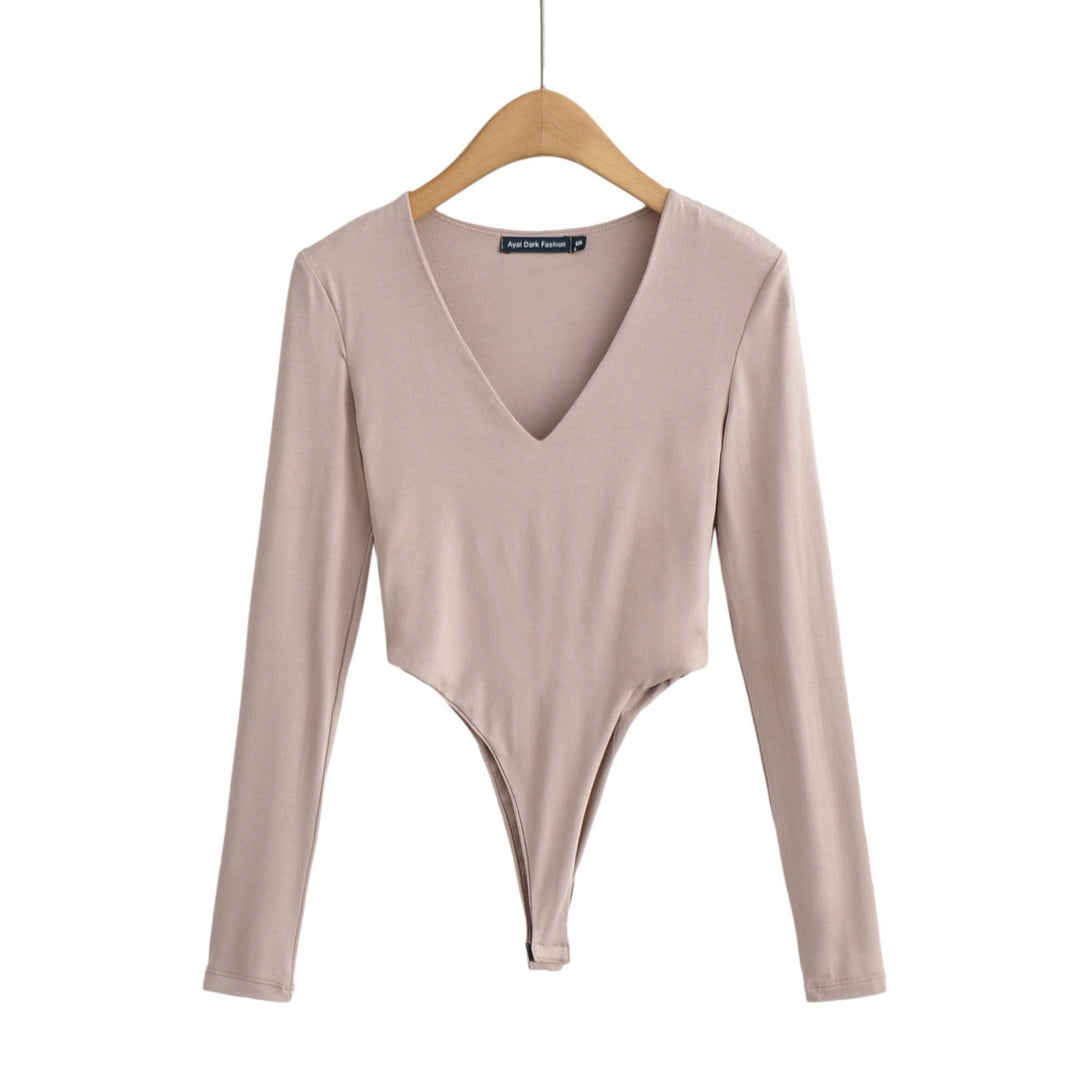 Damen figurbetontes Langarmbodysuit mit tiefem V-Ausschnitt R&B