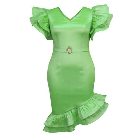 Damen elegantes Kleid mit voluminösen Rüschensäumen und tailliertem Gürtel R&B