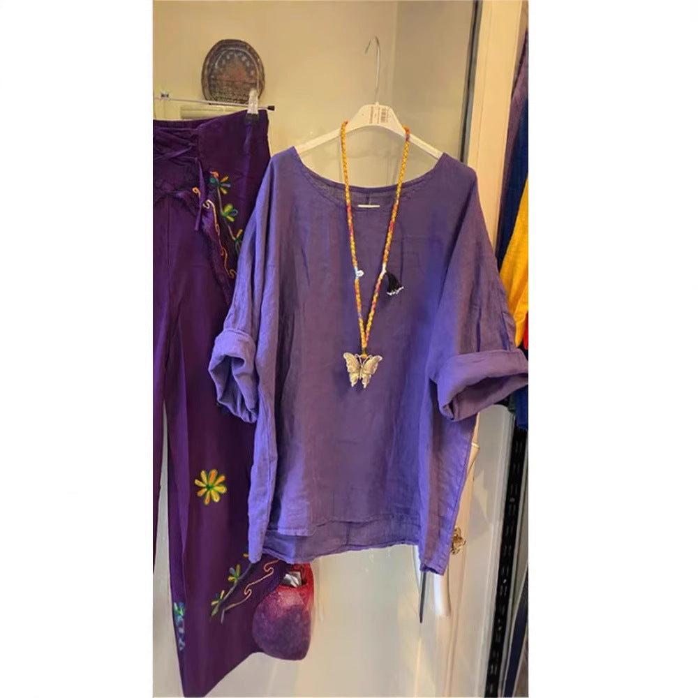 Damen Lockere Leinenbluse mit lässigem Schnitt und Rollärmeln R&B