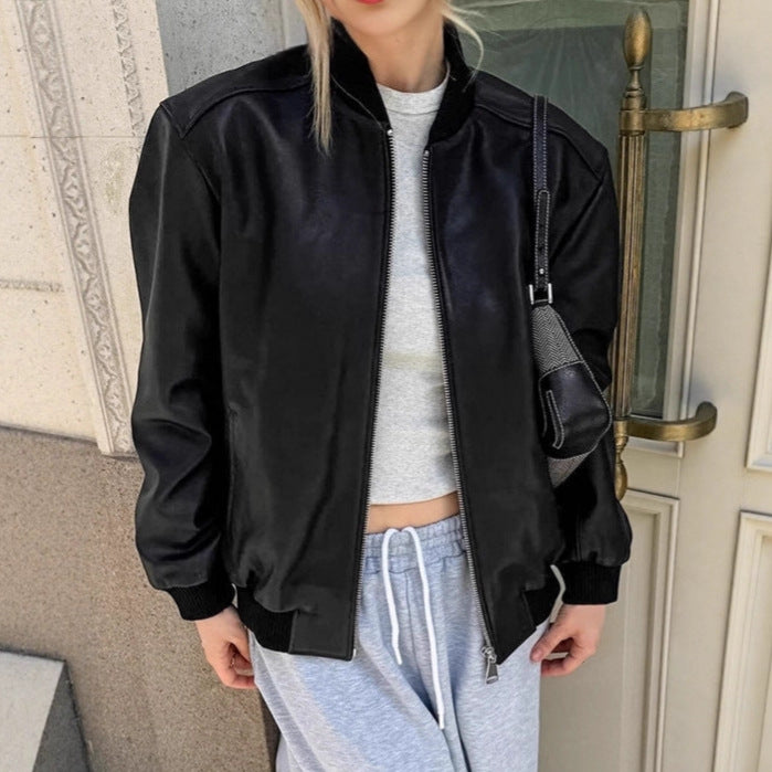 Damen Modische Bomberjacke aus weichem Kunstleder mit elastischen Bündchen R&B