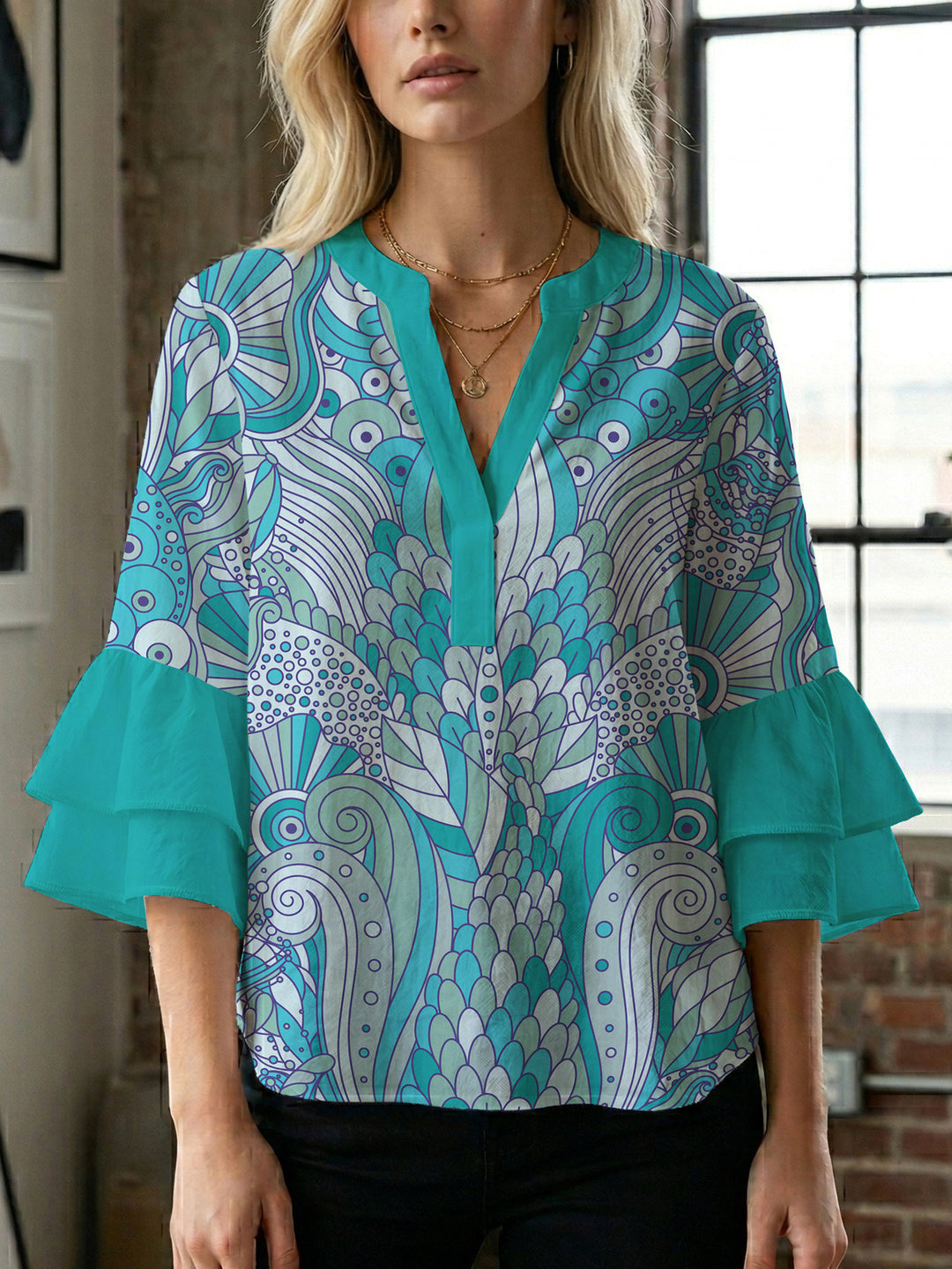 Damen Bluse mit voluminösen Rüschenärmeln und kreativem Floraldesign R&B