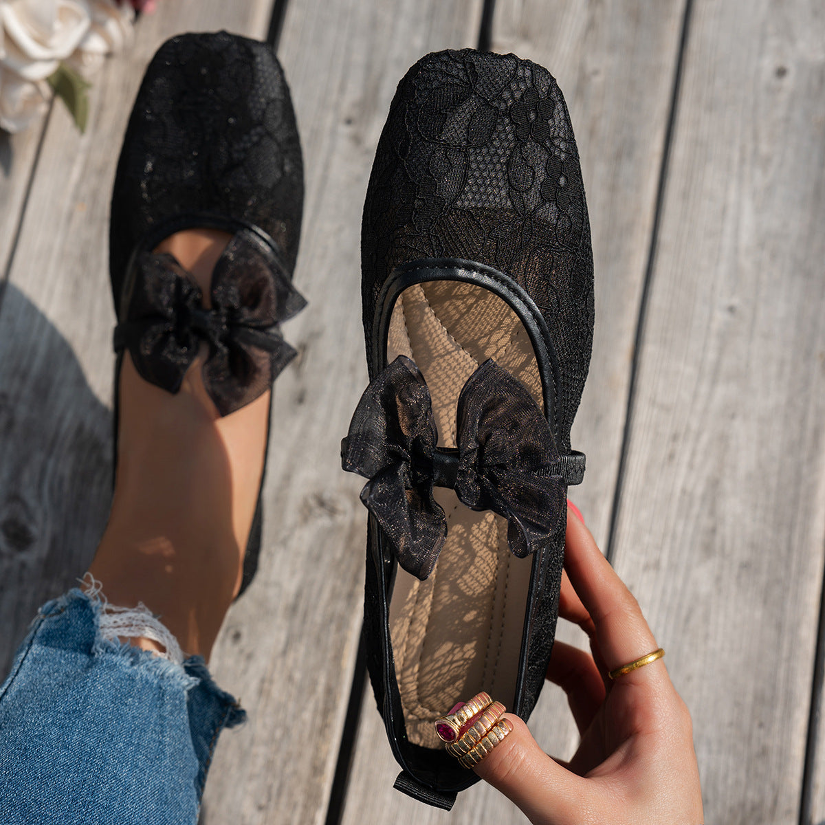 Damen elegante Ballerinas mit floralen Applikationen und rutschfester Sohle R&B