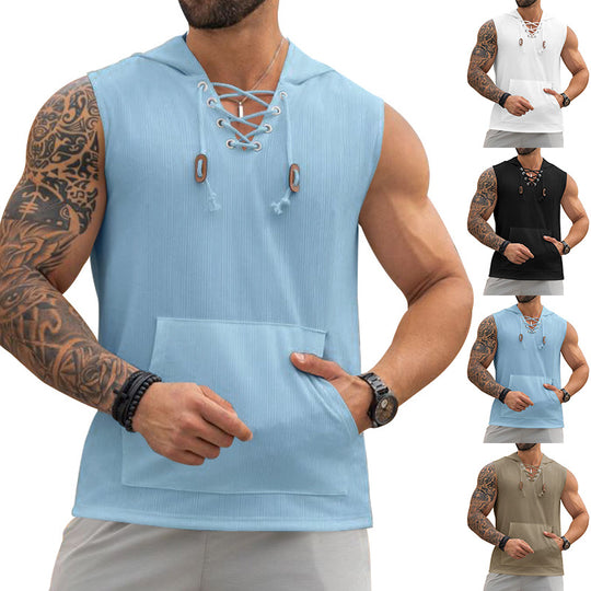 Herren Ärmelloses Sport-Tanktop mit Kapuze und Schnürung R&B