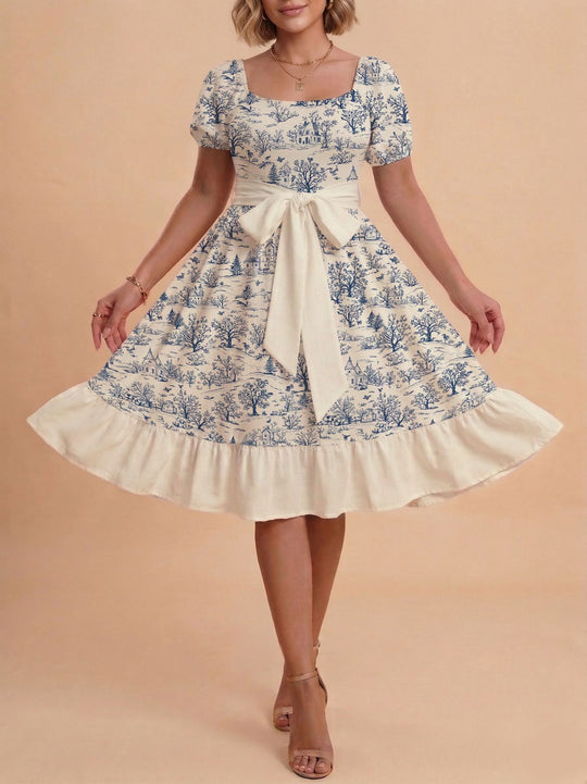 Damen Retro Maxikleid mit Puffärmeln und Taillengürtel R&B