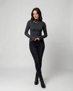 Damen Langarmshirt Dunkelgrau Vintage Slim Fit Cut-Out Oberteil