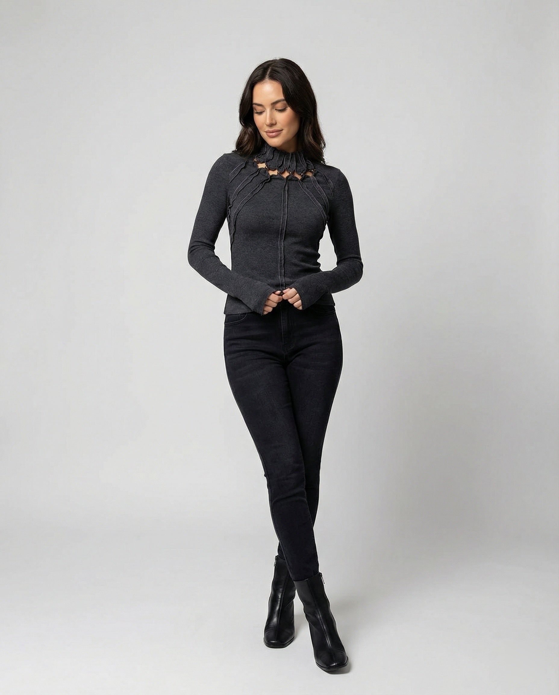 Damen Langarmshirt Dunkelgrau Vintage Slim Fit Cut-Out Oberteil