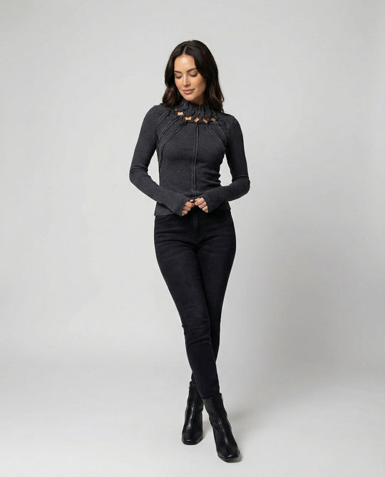 Damen Langarmshirt Dunkelgrau Vintage Slim Fit Cut-Out Oberteil