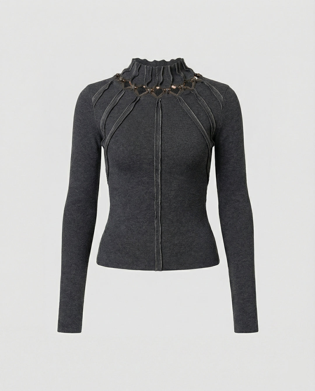 Damen Langarmshirt Dunkelgrau Vintage Slim Fit Cut-Out Oberteil