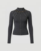 Damen Langarmshirt Dunkelgrau Vintage Slim Fit Cut-Out Oberteil