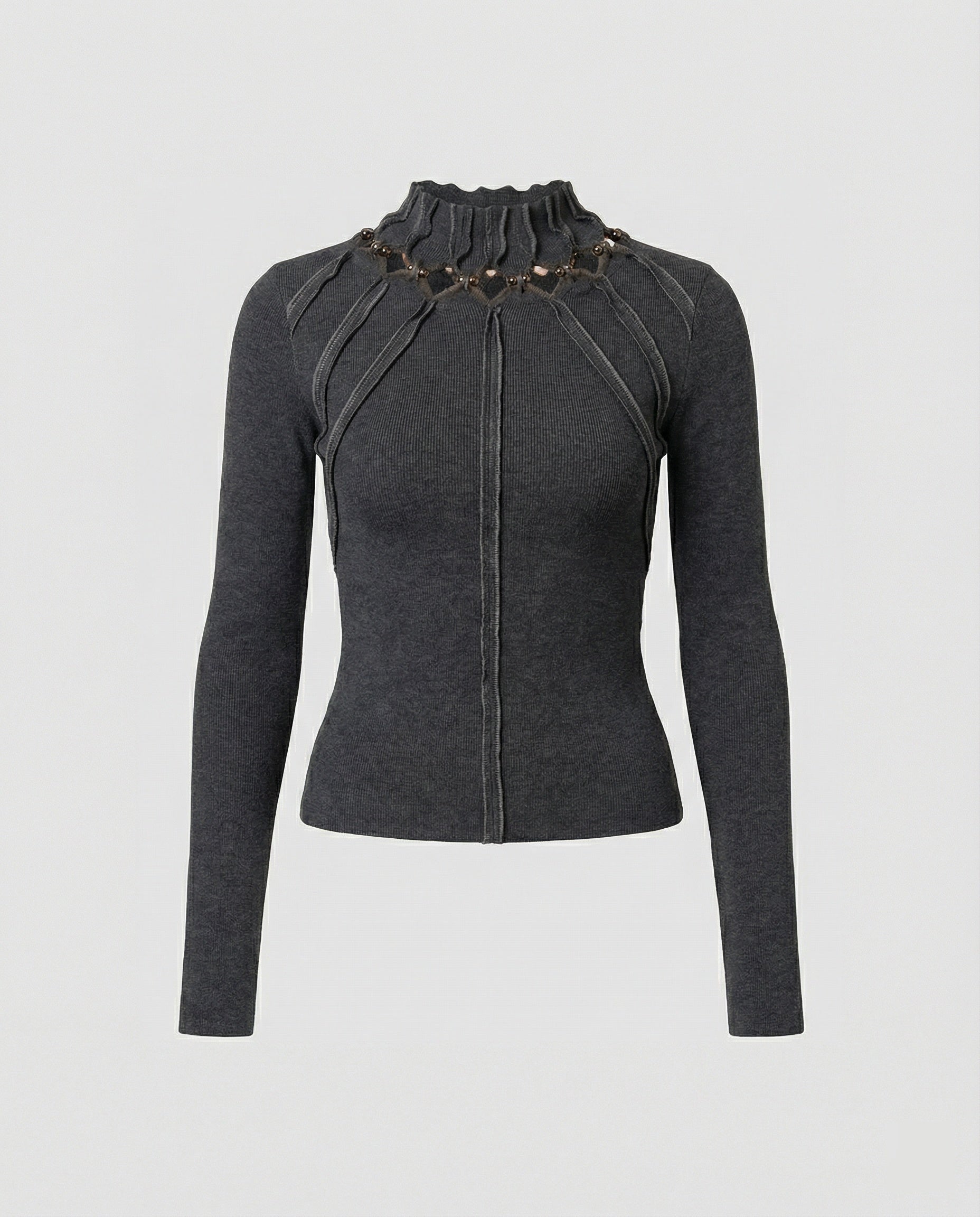 Damen Langarmshirt Dunkelgrau Vintage Slim Fit Cut-Out Oberteil