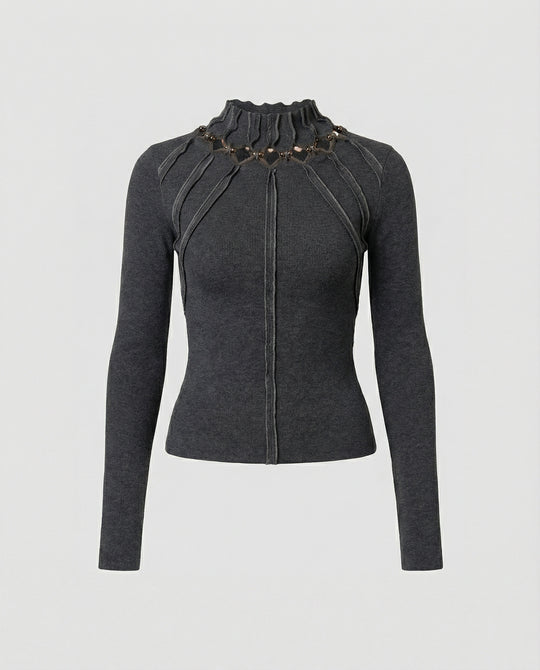 Damen Langarmshirt Dunkelgrau Vintage Slim Fit Cut-Out Oberteil