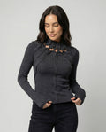 Damen Langarmshirt Dunkelgrau Vintage Slim Fit Cut-Out Oberteil
